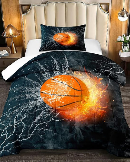 Basketball Comforter Set Twin, Sports Basketball Bedding for Boys Kids Teens Bedroom Orange Basketball Ice Fire Twin Size Comforter Set for Boys 2 Pieces(1 Comforter 1 Pillowcase) - LeafyLoom