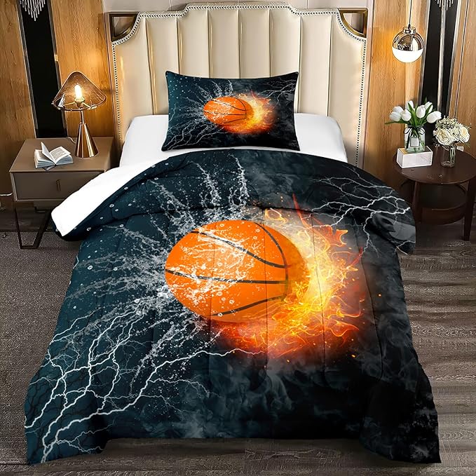 Basketball Comforter Set Twin, Sports Basketball Bedding for Boys Kids Teens Bedroom Orange Basketball Ice Fire Twin Size Comforter Set for Boys 2 Pieces(1 Comforter 1 Pillowcase) - LeafyLoom
