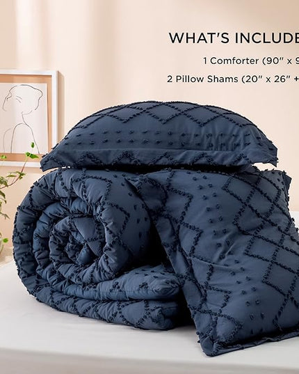 Bedsure Queen Comforter Set - Navy Blue Comforter, Boho Tufted Shabby Chic Bedding Comforter Set, 3 Pieces Vintage Farmhouse Bed Set for All Seasons, Fluffy Soft Bedding Set with 2 Pillow Shams - LeafyLoom