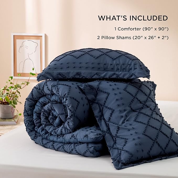 Bedsure Queen Comforter Set - Navy Blue Comforter, Boho Tufted Shabby Chic Bedding Comforter Set, 3 Pieces Vintage Farmhouse Bed Set for All Seasons, Fluffy Soft Bedding Set with 2 Pillow Shams - LeafyLoom