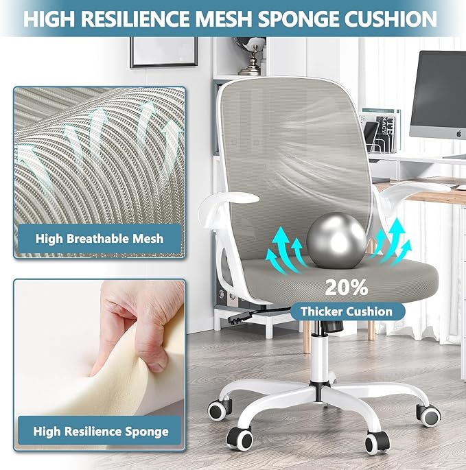 Office Desk Chair with Lumbar Support Ergonomic Mesh Office Chair with Wheels and Flip-up Armrests Adjustable Height Swivel Computer Chair for Home and Office (Grey) - LeafyLoom