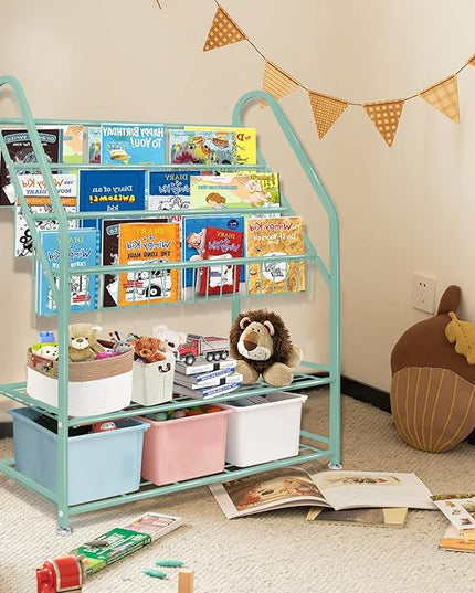 aboxoo Metal Kids Bookshelf Green Freestanding for Children Room 32 in Toy Organizer Book Unit Storage Large Green Stable Bookcase Bookstore Living Room Bed Room Library - LeafyLoom