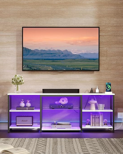 HOOBRO LED TV Stand for 65 Inch TVs with Charging Station, Gaming Entertainment Center with 3-Tier Open Storage, Long Media TV Console Table, TV Stand for Living Room, Bedroom, Marble White BM20UDDS01 - LeafyLoom