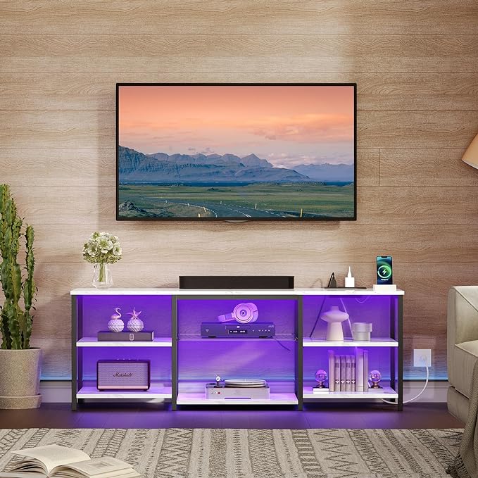 HOOBRO LED TV Stand for 65 Inch TVs with Charging Station, Gaming Entertainment Center with 3-Tier Open Storage, Long Media TV Console Table, TV Stand for Living Room, Bedroom, Marble White BM20UDDS01 - LeafyLoom