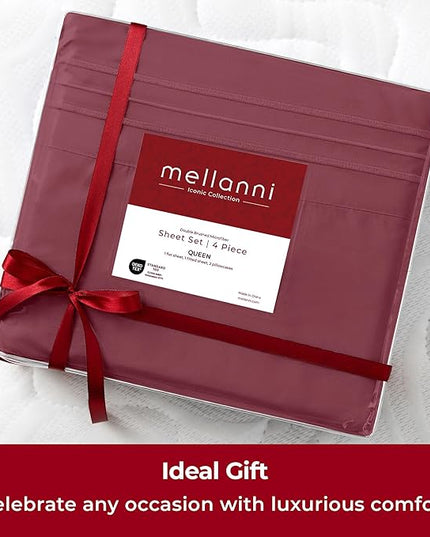 Mellanni Split King Sheets Set - 5 PC Iconic Collection Bedding Sheets & Pillowcases - Hotel Luxury, Extra Soft, Cooling Bed Sheets - Deep Pocket up to 16 inch (Split King, Burgundy) - LeafyLoom