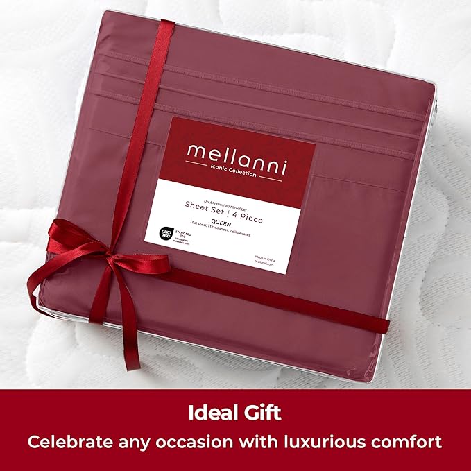 Mellanni Full Sheets Set - 4 PC Iconic Collection Bedding Sheets & Pillowcases - Hotel Luxury, Extra Soft, Cooling Bed Sheets - Deep Pocket up to 16 inch (Full, Burgundy) - LeafyLoom