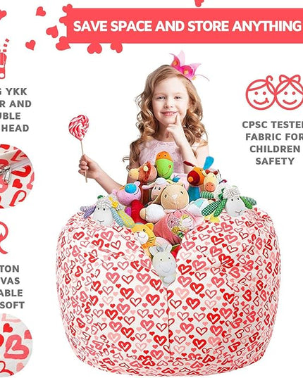 Wekapo Stuffed Animal Storage Bean Bag Chair Cover for Kids | Stuffable Zipper Beanbag for Organizing Children Plush Toys Large Premium Cotton Canvas (Heart, X-Large) - LeafyLoom