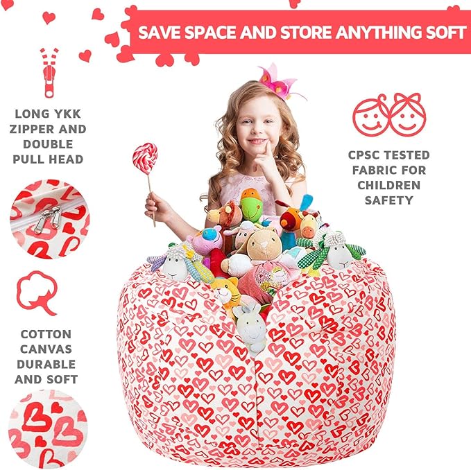 Wekapo Stuffed Animal Storage Bean Bag Chair Cover for Kids | Stuffable Zipper Beanbag for Organizing Children Plush Toys Large Premium Cotton Canvas (Heart, X-Large) - LeafyLoom