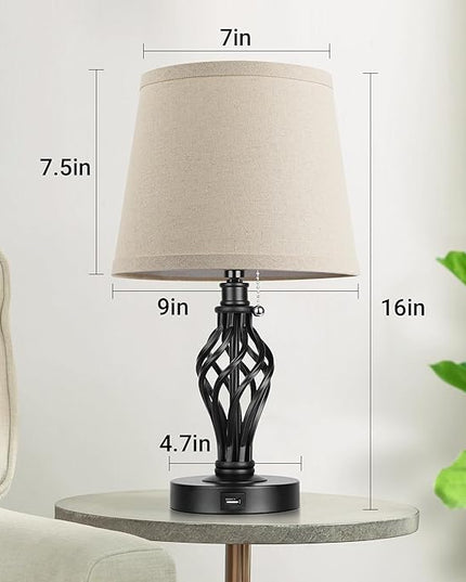 PARTPHONER Table Lamps Set of 2, Farmhouse Bedside Lamps with USB Ports, Nightstand Lamp Cream Drum Shade Spiral Cage Base Desk Lamps for Living Room Bedroom Study Room without Bulb - LeafyLoom