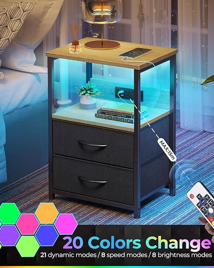 Seventable Nightstand set of 2 with Charging Station, Bedside table with LED Lights, Night stand with 2 Fabric Drawers, 3-Tier Storage End Table for Bedroom, Greige - LeafyLoom