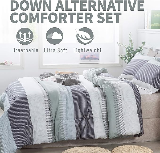 Andency Stripe Comforter Set Queen Size (90x90 Inch), 3 Pieces Mint Green Patchwork Striped Comforter, Soft Microfiber Down Alternative Comforter Bedding Set with Corner Loops - LeafyLoom