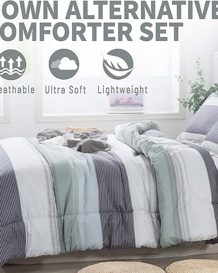 Andency Stripe Comforter Set Twin Size (66x90 Inch), 2 Pieces Mint Green Patchwork Striped Comforter, Soft Microfiber Down Alternative Comforter Bedding Set with Corner Loops (Mint, White, Grey) - LeafyLoom
