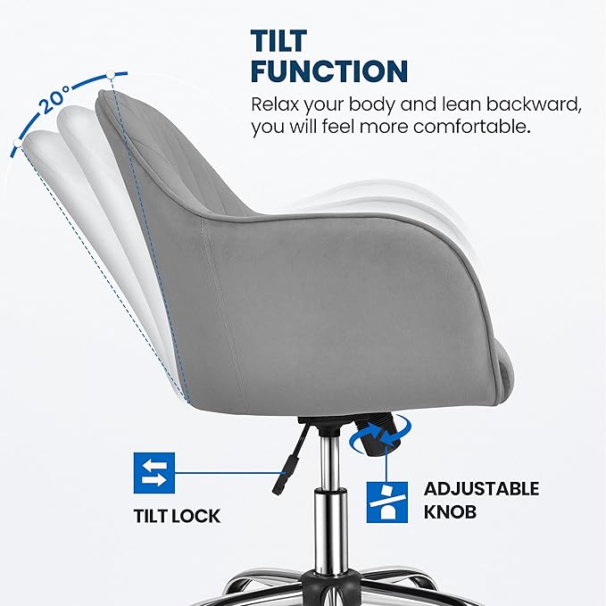 Yaheetech Modern Velvet Desk Chair Vanity Chair Height-Adjustable Swivel Computer Chair for Makeup Room Living Room Bedroom Soft Upholstered Office Chair Light Gray - LeafyLoom