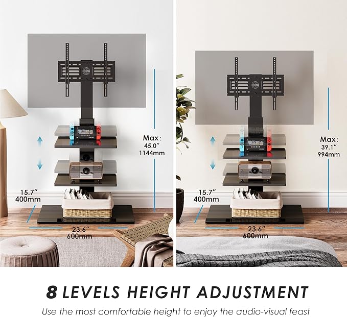 FITUEYES Iron Base Universal Floor TV Stand with Swivel Mount Space Saving for 26-65 Inch LED LCD OLED Plasma Flat Panel or Curved Screen TVs Height Adjustable Wire Management with 2 Shelves Black - LeafyLoom