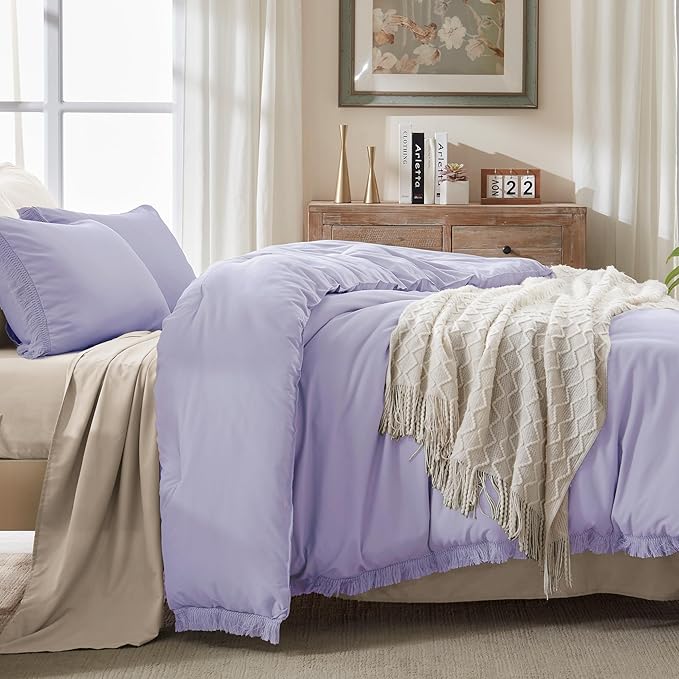Andency California King Comforter Set Lavender - Purple 3 Pieces Cal King Boho Lightweight Bedding Comforter Sets, Oversized All Season Tassel Soft Fluffy Bed Set (104x96In Comforter & 2 Pillowcases) - LeafyLoom