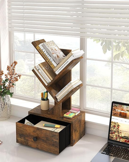 4 Tier Tree Bookshelf with Drawer, Small Tree Bookcase, Table Top Book Shelf Organizer Shelves for Living Room, Bedroom, Home Office, Rustic Brown - LeafyLoom
