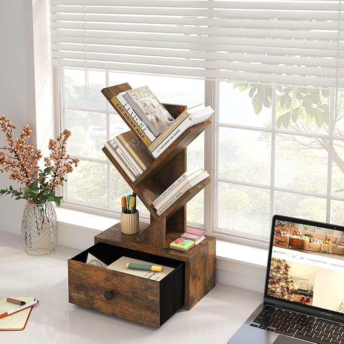 4 Tier Tree Bookshelf with Drawer, Small Tree Bookcase, Table Top Book Shelf Organizer Shelves for Living Room, Bedroom, Home Office, Rustic Brown - LeafyLoom