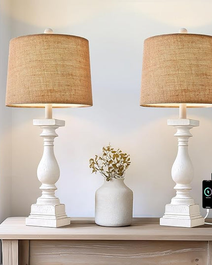 BOBOMOMO 27" USB A+C Farmhouse Table Lamp Set of 2 Vintage Rustic Traditional Nightstand Bedside Lamps Retro Side Table Lamps (Washed White) - LeafyLoom