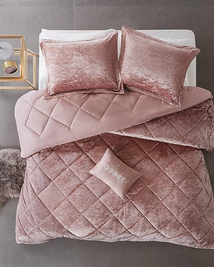 Intelligent Design King Duvet Cover Set, Velvet King Duvet Set, Luxury Diamond Quilting Pink Duvet Cover, Fluffy Duvet Cover with Decorative Pillow and 2 Shams, 4 Pieces, Blush, King/Cal King - LeafyLoom
