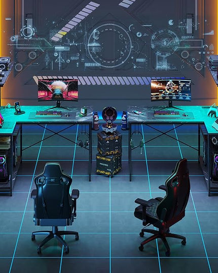 Bestier Gaming Desk with Power Outlets,42 Computer Desk with LED Lights, Reversible Corner Desk with 4-Tier Shelves,Cup Holder & Hook for Home Office,Black Marble - LeafyLoom