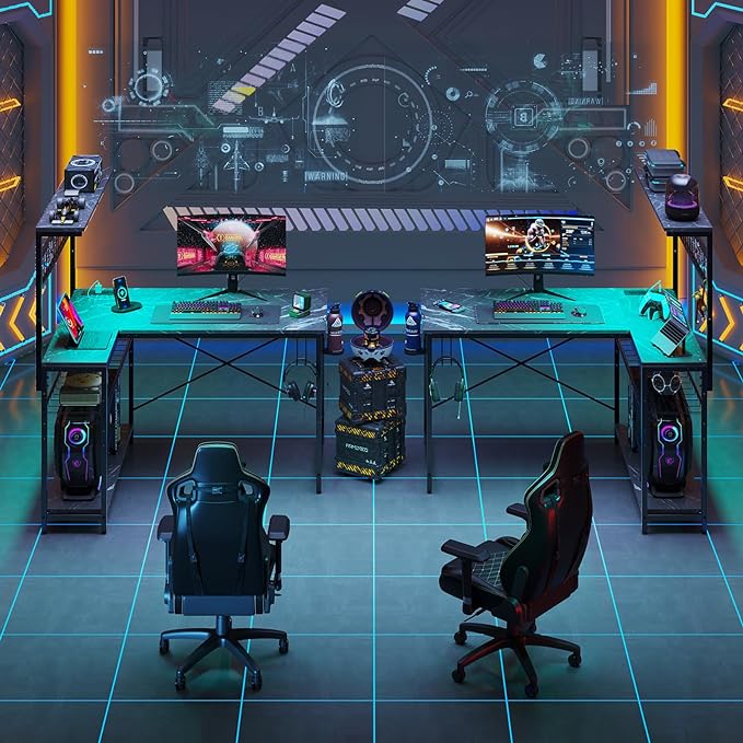 Bestier Gaming Desk with Power Outlets,42 Computer Desk with LED Lights, Reversible Corner Desk with 4-Tier Shelves,Cup Holder & Hook for Home Office,Black Marble - LeafyLoom