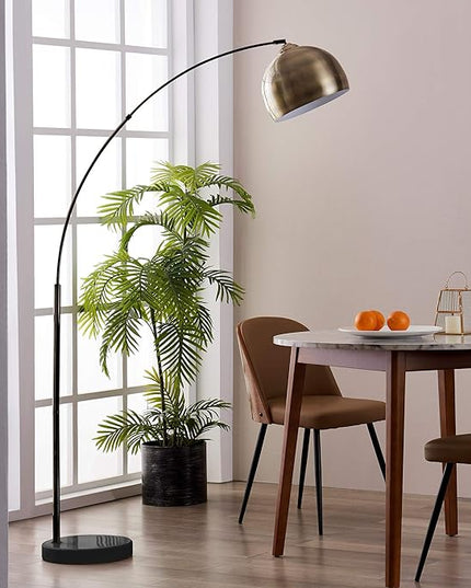 Teamson Home Arquer 68.1" Arc Floor Lamp for Living Rooms, Home Offices, Dining Rooms, Bedrooms with Faux Black Marble Base and Antique Brass Bell Shade - LeafyLoom