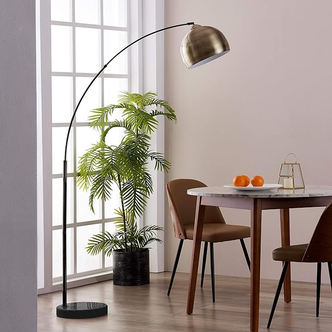 Teamson Home Arquer 68.1" Arc Floor Lamp for Living Rooms, Home Offices, Dining Rooms, Bedrooms with Faux Black Marble Base and Antique Brass Bell Shade - LeafyLoom