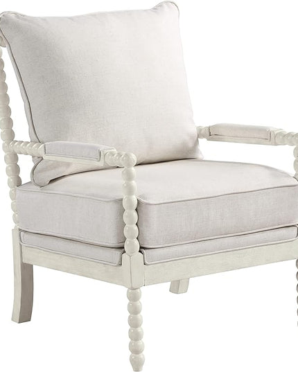 OSP Home Furnishings Kaylee Spindle Accent Chair with Antique Wood Frame, 26.5” W x 32.25” D x 37” H, White Linen Fabric - LeafyLoom