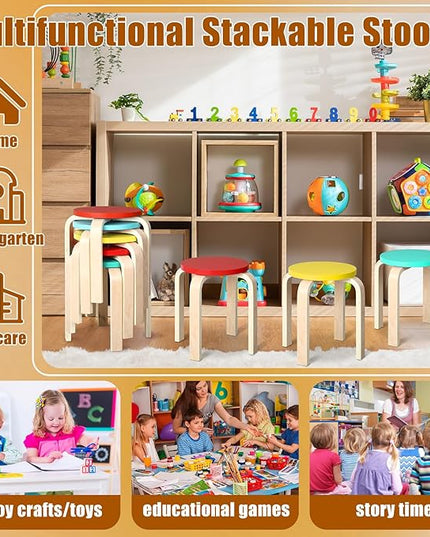 4 Pcs 12 Inch Bentwood Stacking Stool for Kids Colored Durable Round Nesting Stool Flexible Wood Stackable Stool Chairs for Playroom Daycare Home Classroom (Bright Color) - LeafyLoom