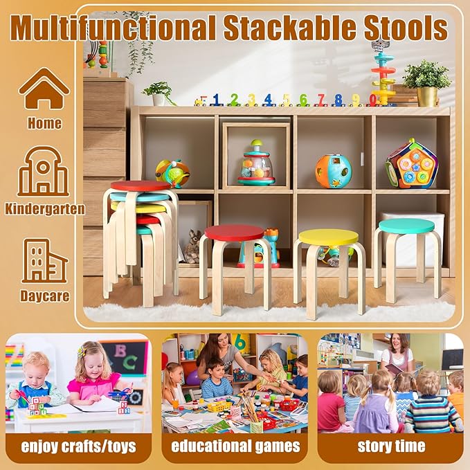 4 Pcs 12 Inch Bentwood Stacking Stool for Kids Colored Durable Round Nesting Stool Flexible Wood Stackable Stool Chairs for Playroom Daycare Home Classroom (Bright Color) - LeafyLoom