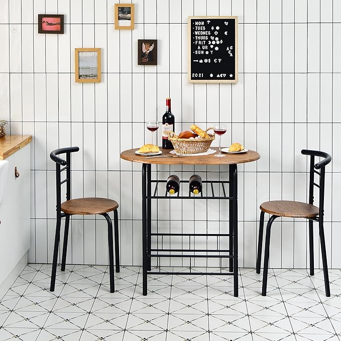 DORTALA 3PCS Dining Table Set, 1 table & 2 chairs set, 3 Piece Compact Dining Set, Oval Table & Mid-back Chairs w/Built-in Wine Rack, Suitable for Small Space, Black & Brown - LeafyLoom
