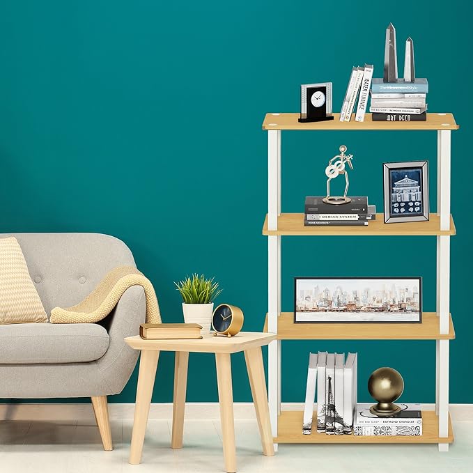 Furinno Turn-N-Tube 4-Tier Multipurpose Shelf Display Rack, Square Tube, Beech/White - LeafyLoom