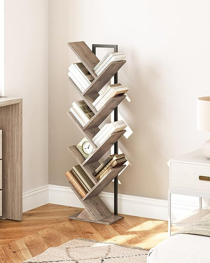 HOOBRO Tree Bookshelf, 9-Tier Bookcase Wooden Shelves, Floor Standing Storage Rack, for Display of CDs, Books in Living Room, Home Office, Wood Storage Rack for Bedroom, Greige BG08SJ01G1 - LeafyLoom
