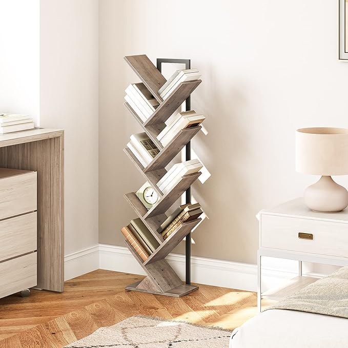 HOOBRO Tree Bookshelf, 9-Tier Bookcase Wooden Shelves, Floor Standing Storage Rack, for Display of CDs, Books in Living Room, Home Office, Wood Storage Rack for Bedroom, Greige BG08SJ01G1 - LeafyLoom