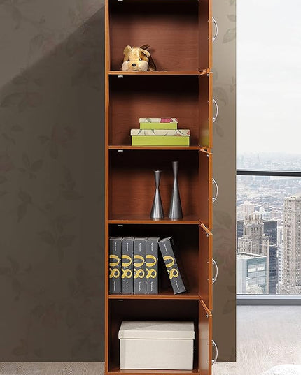 HODEDAH 5 Door Bookcase Cabinet, Cherry - LeafyLoom