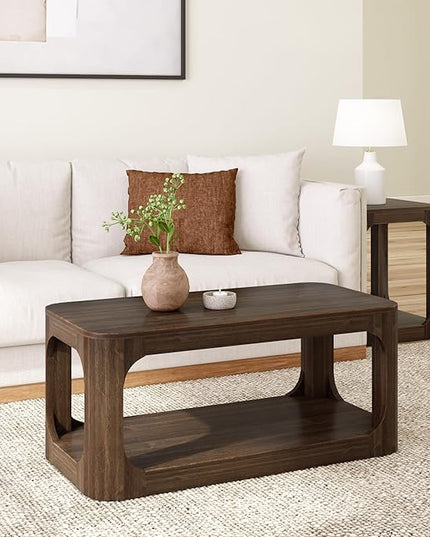 Plank+Beam Small Forma Coffee Table, Solid Wood 40 Inch Modern Coffee Table with Shelf, Contemporary Center Table with Storage Space, Rectangle Tea Table with Storage, Walnut - LeafyLoom