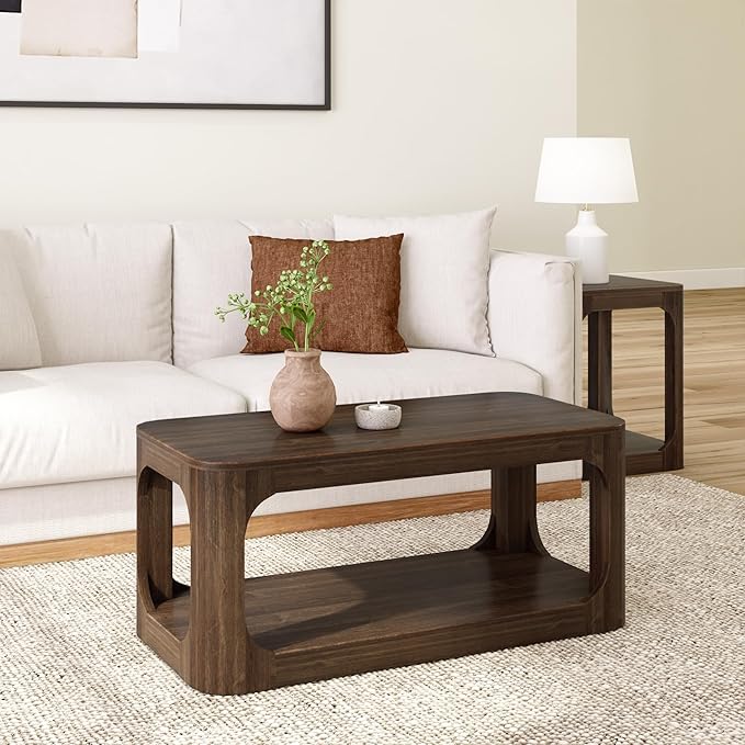 Plank+Beam Small Forma Coffee Table, Solid Wood 40 Inch Modern Coffee Table with Shelf, Contemporary Center Table with Storage Space, Rectangle Tea Table with Storage, Walnut - LeafyLoom