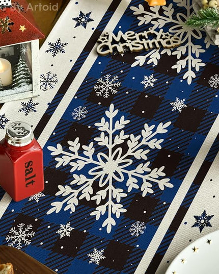 Artoid Mode Buffalo Plaid Snowflakes Blue Christmas Table Runner, Seasonal Winter Kitchen Dining Table Decoration for Home Party Decor 13x48 Inch ArtoidMode