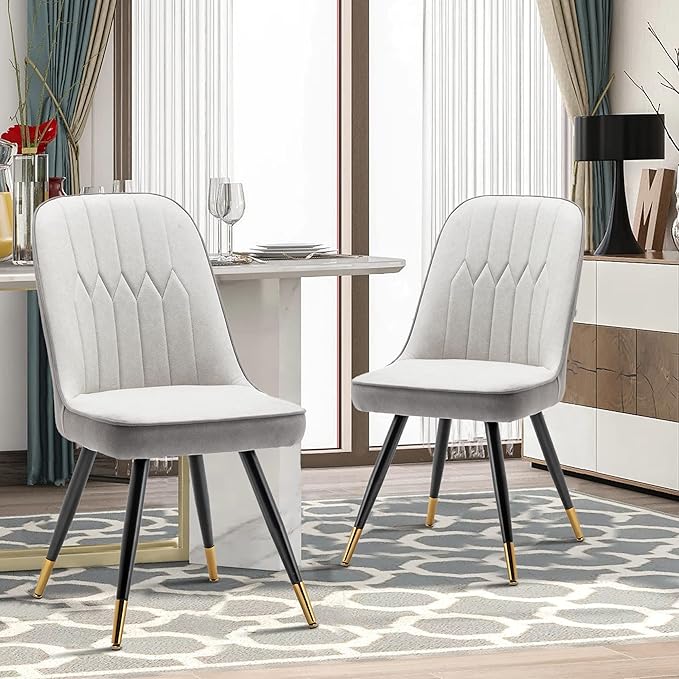 Alunaune Modern Dining Chairs Set of 2 Upholstered Kitchen Chairs Accent Chair, Mid Century Armless Leisure Chair Living Room Faux Leather Desk Side Chair with Gold Metal Legs-Ivory Grey - LeafyLoom