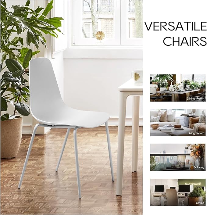 COLAMY Stackable Dining Chairs Set of 4, Indoor Outdoor Dining Room Side Chairs with Metal Legs, Modern Plastic Patio Chairs for Home/Kitchen/Office/Resturant/Bistro/Cafe, White - LeafyLoom