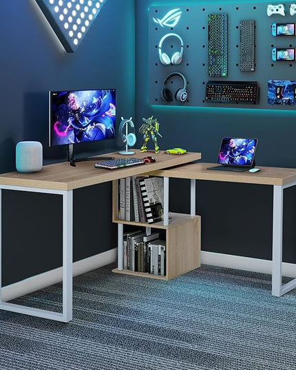 Airdown 55 Inch Reversible L Shaped Home Office Computer Desk with 2-Tier Storage Shelf for Bedroom, Dorm, Study Room, Light Oak - LeafyLoom