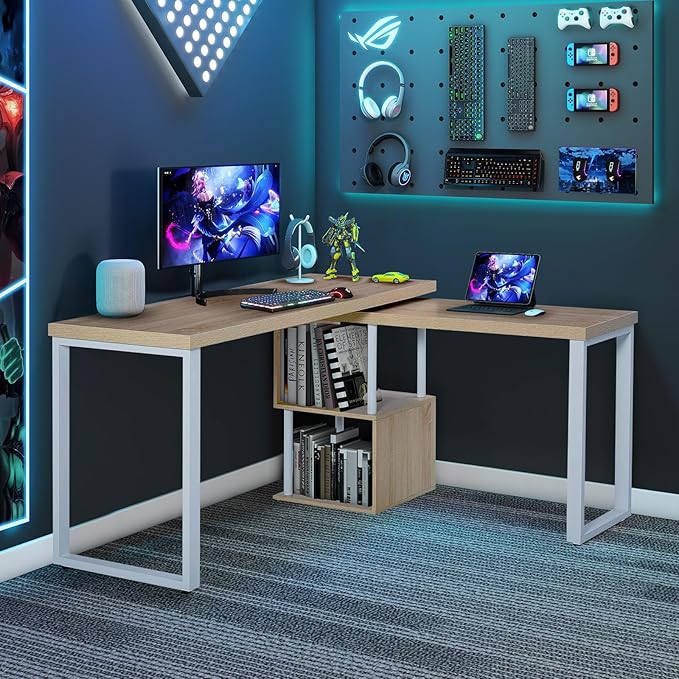 Airdown 55 Inch Reversible L Shaped Home Office Computer Desk with 2-Tier Storage Shelf for Bedroom, Dorm, Study Room, Light Oak - LeafyLoom