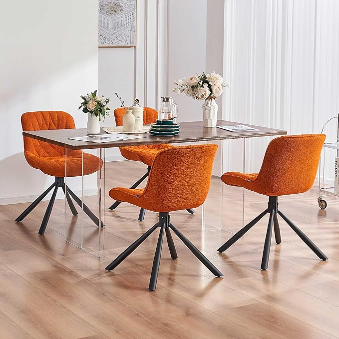 Mid Century Modern Dining Chairs Set of 2, Upholstered Dining Room Chairs with Sturdy Metal Legs, Boucle Armless Accent Side Chairs for Kitchen, Living Room, Orange - LeafyLoom