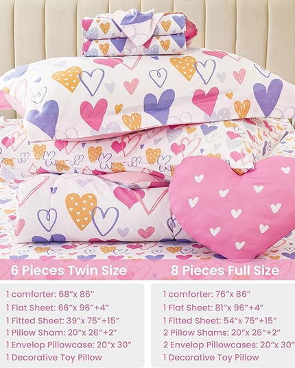 Mooreeke Full Size Comforter Sets for Girls Kids, 8 Pieces Bed in a Bag Pink Heart Bedding Comforter Sheet Set with Shams and Decorative Toy Pillow, Ultral Soft Microfiber Kids Bed Set - LeafyLoom