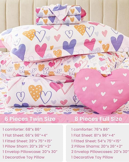 Mooreeke Twin Size Comforter Sets for Girls Kids, 6 Pieces Bed in a Bag Pink Heart Bedding Comforter Sheet Set with Shams and Decorative Toy Pillow, Ultral Soft Microfiber Kids Bed Set - LeafyLoom