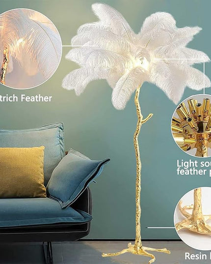 Ostrich Feather Floor Lamp Modern Ostrich Feather LED feather lamp floor Lamp Dimmable Standing feather floor lamp for Living Room Bedroom（White） - LeafyLoom