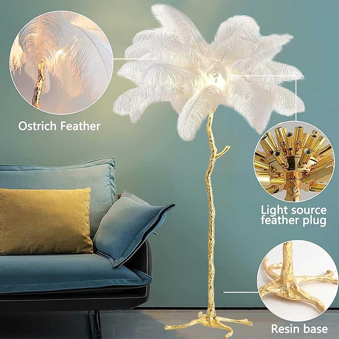 Ostrich Feather Floor Lamp Modern Ostrich Feather LED feather lamp floor Lamp Dimmable Standing feather floor lamp for Living Room Bedroom（White） - LeafyLoom