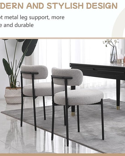Light Grey Dining Chairs Set of 2 Round Upholstered Boucle Dining Room Chairs Mid-Century Modern Kitchen Chairs Curved Backrest Chairs for Dining Room Black Metal Legs - LeafyLoom