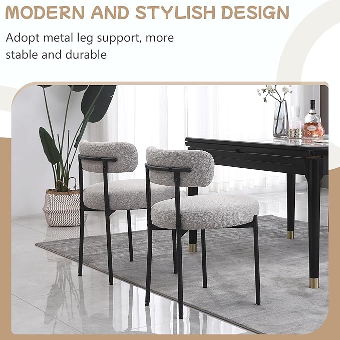 Light Grey Dining Chairs Set of 2 Round Upholstered Boucle Dining Room Chairs Mid-Century Modern Kitchen Chairs Curved Backrest Chairs for Dining Room Black Metal Legs - LeafyLoom