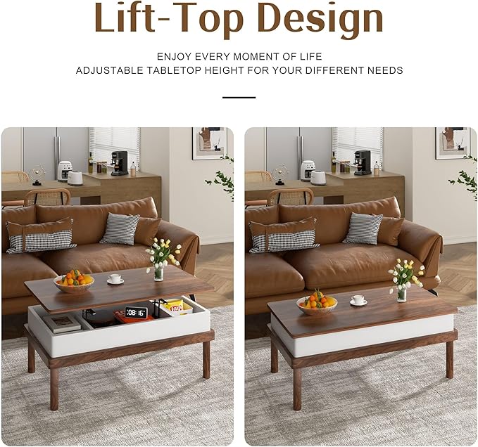 Shintenchi Coffee Table, Lift Top Coffee Table with Hidden Compartment, Rising Tabletop Dining Table, Lift Top Coffee Center Table for for Living Room, Office, Home (Walnut) - LeafyLoom